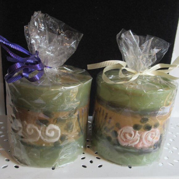 Stylized flowers, 3" Pillar Candle, Hand Painted, Nature, Codes A, B - Picture 1 of 4